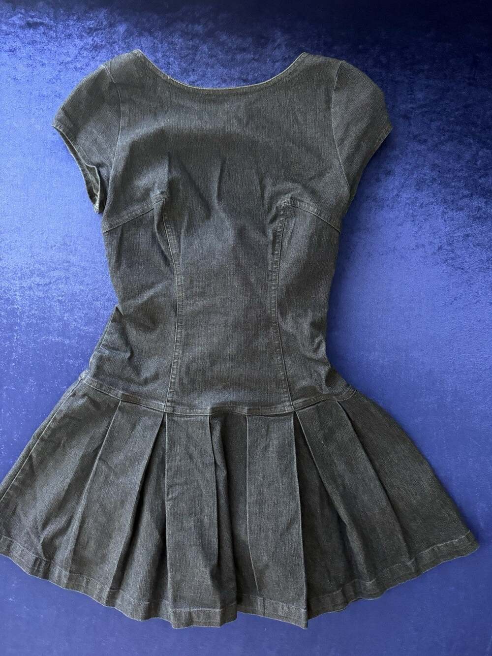 Urban Outfitters Navy Denim Open Back Bow Tie Pleated Mini Dress Size XS